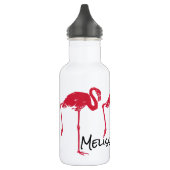 vogels, een roze flamingo met één been omhoog waterfles (Links)