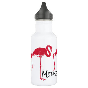 vogels, een roze flamingo met één been omhoog waterfles