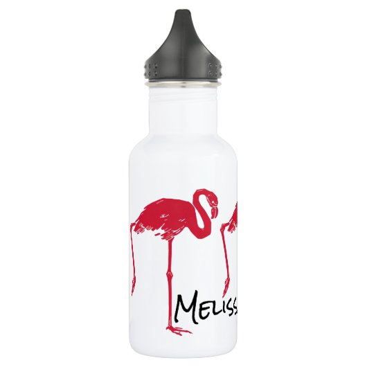 vogels, een roze flamingo met één been omhoog waterfles  (Links)