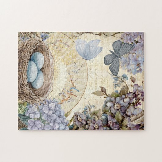 Vogels Eieren en Nest Feather Hydrangea Legpuzzel (Horizontaal)