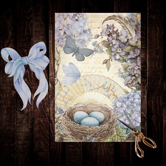Vogels Eieren en Nest Feather Hydrangea Tissuepapier