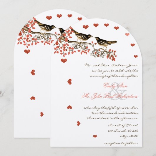  vogels Ember Glow Coral Wedding Invitations Kaart (Voorkant / Achterkant)
