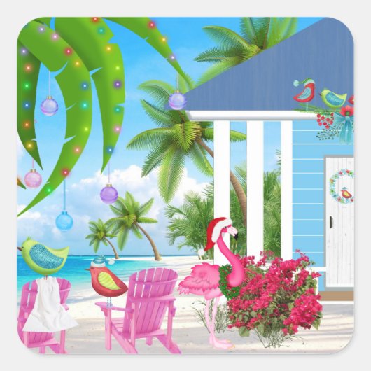 Vogels en Beach House Tropische kerstvakantie Vierkante Sticker (Voorkant)