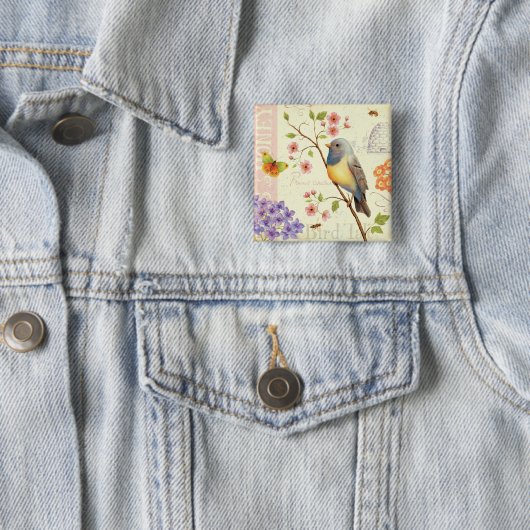 Vogels en bijen vierkante button 5,1 cm (In situ)