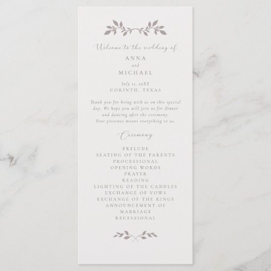 Vogels en bladeren, romantisch plat trouwprogramma programmakaart (Voorkant)