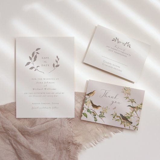 Vogels en bladeren, romantische ecru Response Kaar RSVP Kaartje