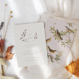 Vogels en bladeren, roze | Beige De datum opslaan Kaart