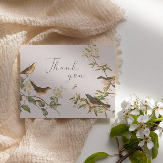 Vogels en bladeren, roze Flat Thank You Card Bedankkaart