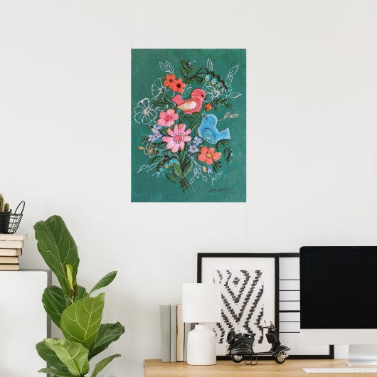 vogels en bloemen afdrukken poster (Thuiskantoor)