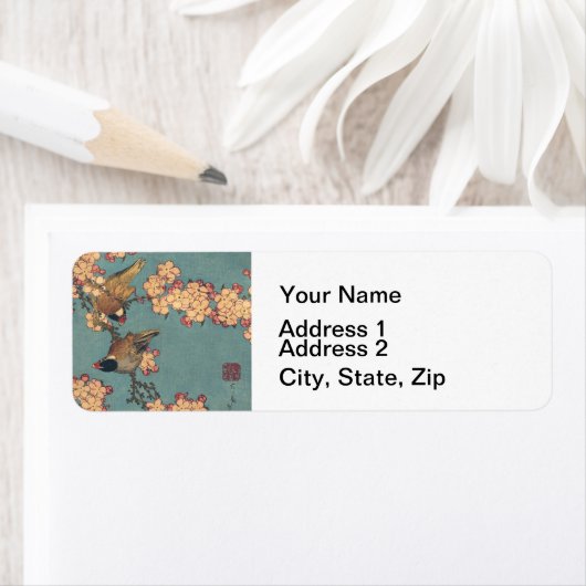 Vogels en bloemen Japanse kunstroze Floral Etiket (Insitu)