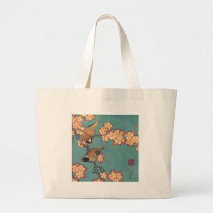 Vogels en bloemen Japanse kunstroze Floral Grote Tote Bag