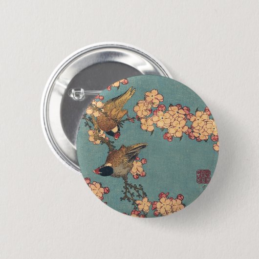 Vogels en bloemen Japanse kunstroze Floral Ronde Button 5,7 Cm (Voorkant /achterkant)
