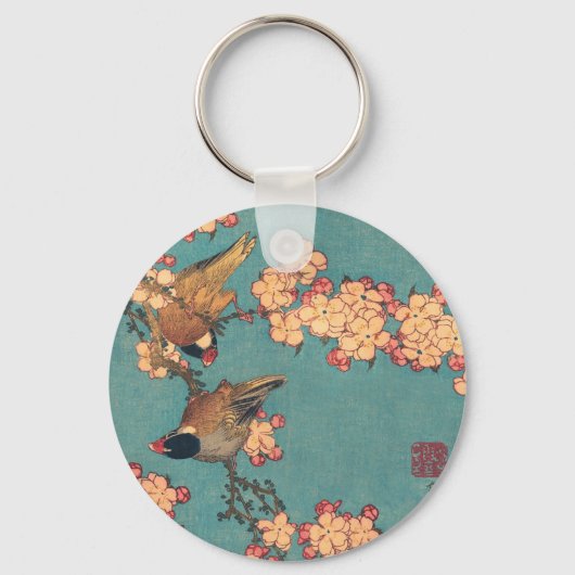 Vogels en bloemen Japanse kunstroze Floral Sleutelhanger (Voorkant)