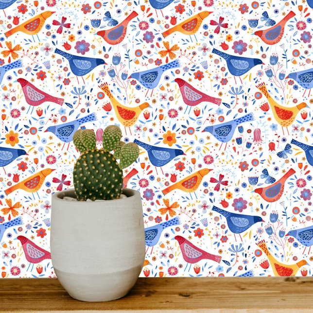Vogels en bloemen Kleurrijke Waterverf Kunst Behang (Birds and flowers bright colorful watercolor white wallpaper)