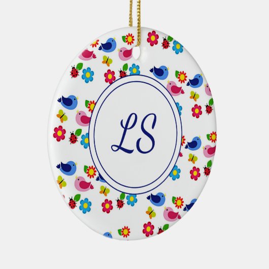 Vogels en bloemen lentepatroon wit keramisch ornament (Rechts)