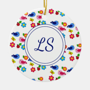 Vogels en bloemen lentepatroon wit keramisch ornament