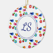 Vogels en bloemen lentepatroon wit keramisch ornament (Links)