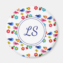 Vogels en bloemen lentepatroon wit magneet