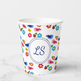 Vogels en bloemen lentepatroon wit papieren bekers