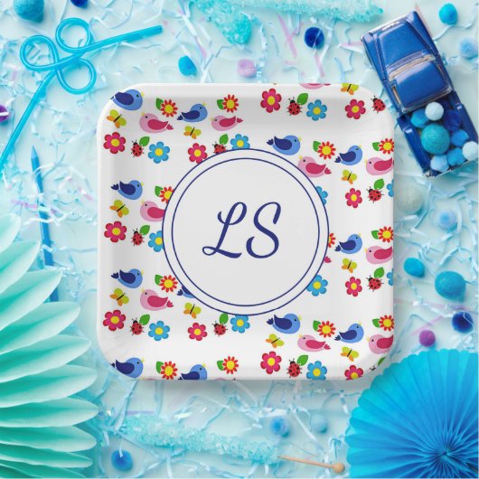 Vogels en bloemen lentepatroon wit papieren bordje (Feest)