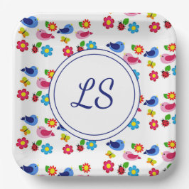 Vogels en bloemen lentepatroon wit papieren bordje