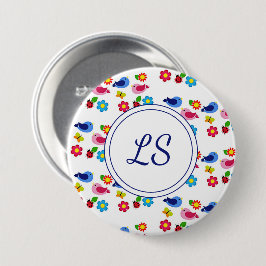 Vogels en bloemen lentepatroon wit ronde button 7,6 cm