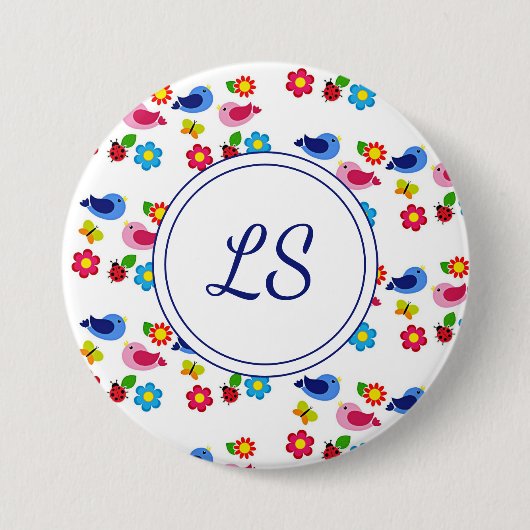 Vogels en bloemen lentepatroon wit ronde button 7,6 cm (Voorkant)