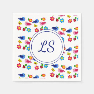 Vogels en bloemen lentepatroon wit servet