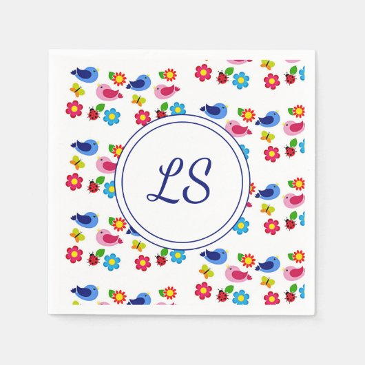 Vogels en bloemen lentepatroon wit servet (Voorkant)