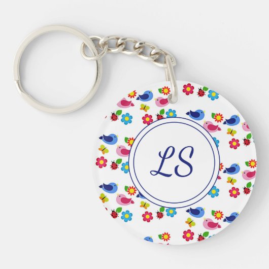 Vogels en bloemen lentepatroon wit sleutelhanger (Voorkant)
