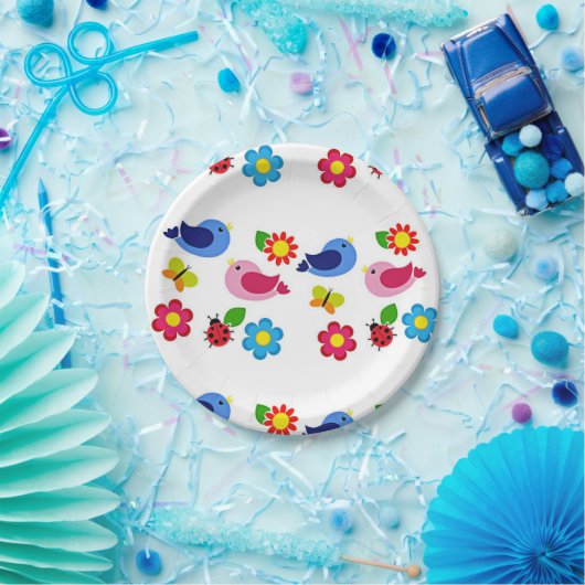 Vogels en bloemen lentstijd papieren bordje (Feest)