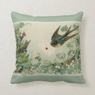 vogels en bloemen omkeerbaar donkergroen kussen