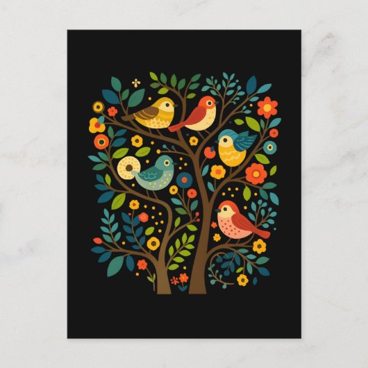 Vogels en bloemen Scandinavische volkskunst Feestdagenkaart (Voorkant)