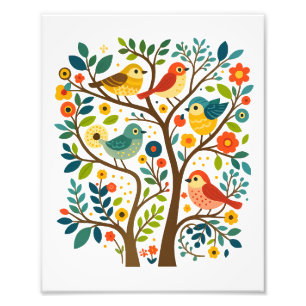 Vogels en bloemen Scandinavische volkskunst Foto Afdruk
