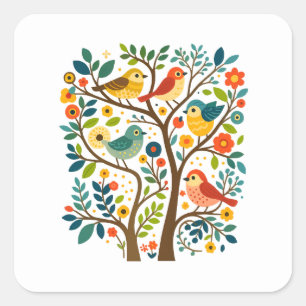 Vogels en bloemen Scandinavische volkskunst Vierkante Sticker