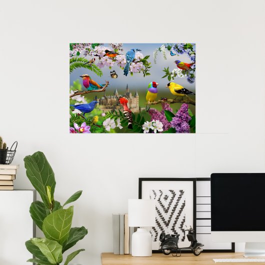 Vogels en bloemen Schitterend afbeelding met vogel Poster (Thuiskantoor)
