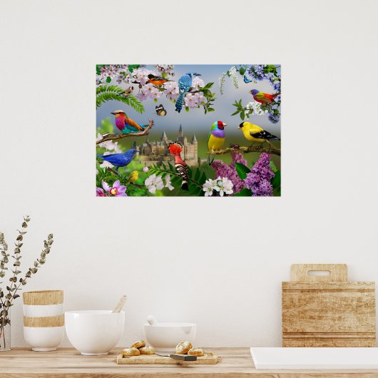 Vogels en bloemen Schitterend afbeelding met vogel Poster (Keuken)