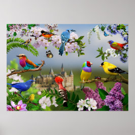 Vogels en bloemen Schitterend afbeelding met vogel Poster