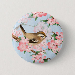 Vogels en bloemen. Veertuinpatroon Ronde Button 5,7 Cm