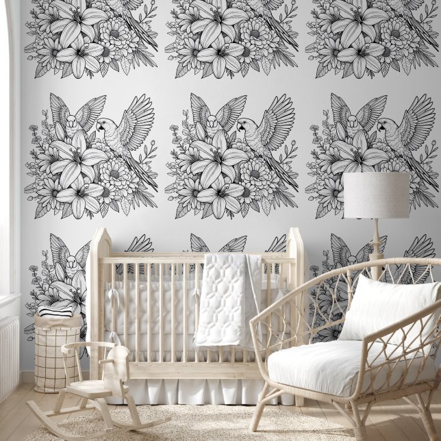 Vogels en bloemen wachten op kleuren behang (Kinderen)