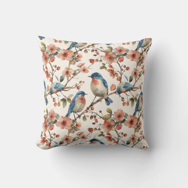 Vogels en Bloemen  Waterverf Kussen (Voorkant)