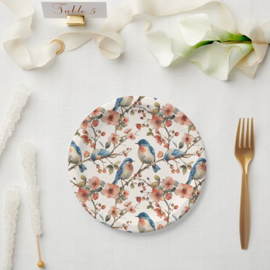 Vogels en Bloemen  Waterverf Papieren Bordje (Huwelijk)