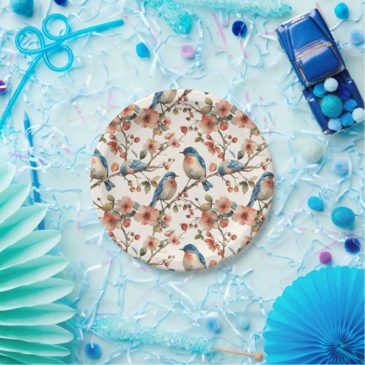 Vogels en Bloemen  Waterverf Papieren Bordje (Feest)