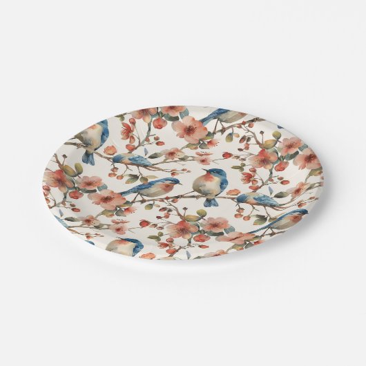 Vogels en Bloemen  Waterverf Papieren Bordje (Gekanteld)