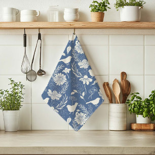 Vogels en Bloesems Blauw en Crème Theedoek