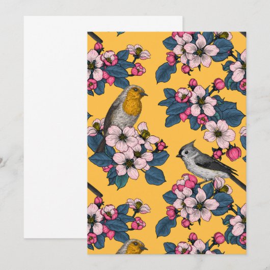 Vogels en bloesems op geel (Voorkant / Achterkant)