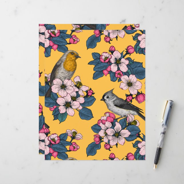 Vogels en bloesems op geel (Voorkant / Achterkant in situ)
