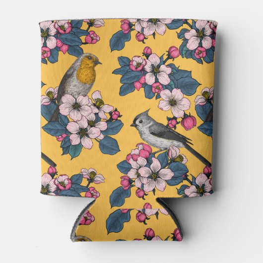 Vogels en bloesems op geel blikjeskoeler (Voorkant)