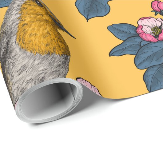 Vogels en bloesems op geel cadeaupapier (Rol Hoek)