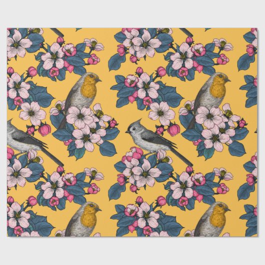 Vogels en bloesems op geel cadeaupapier (Vlak)